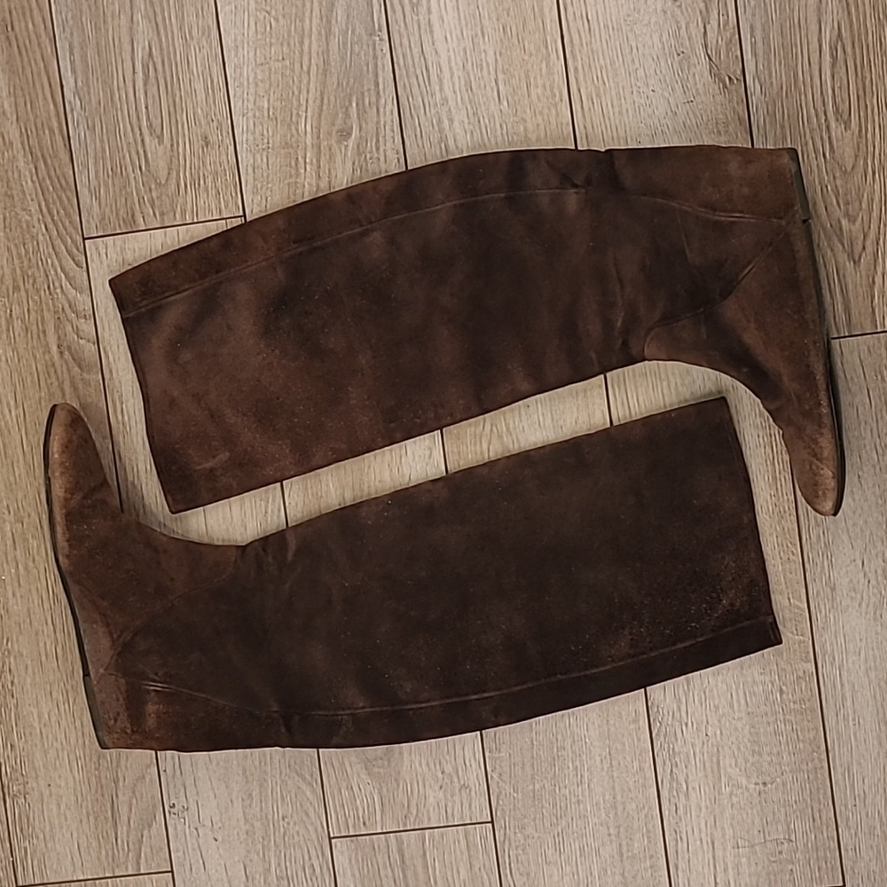 LANVIN Equestrian Suede Sz 37.5 EU / 7 US‎ Womens Tall Brown Leather Boots RARE